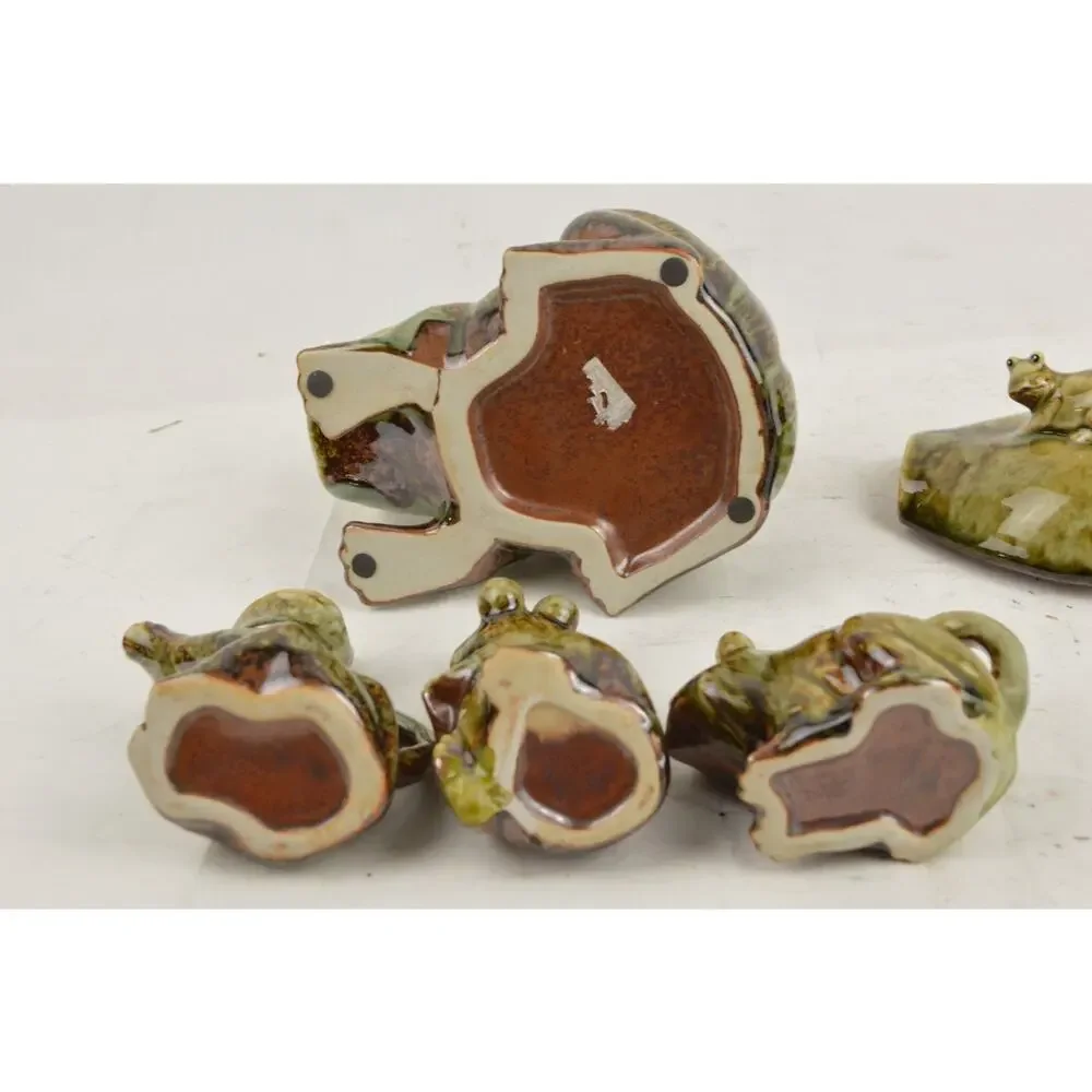 Frog Ceramic Tea Condiment Set x4 Lidded Bowl Sugar Creamer Green Glazed Pottery